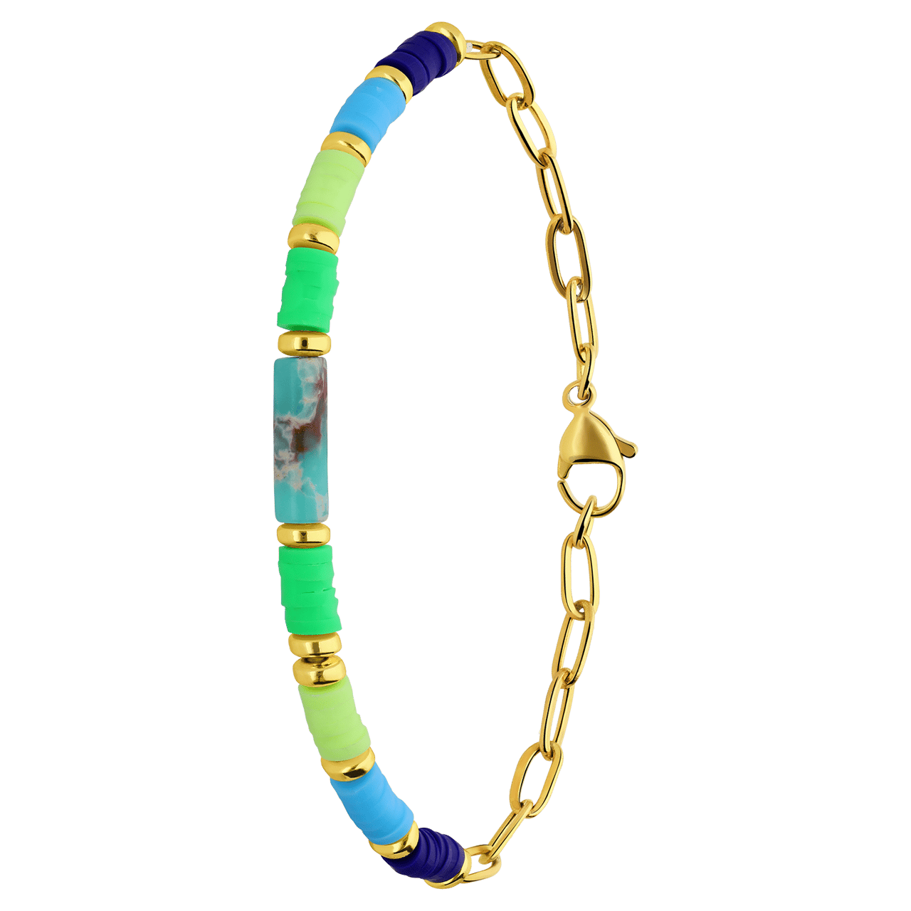 Stalen goldplated armband met groene kralen