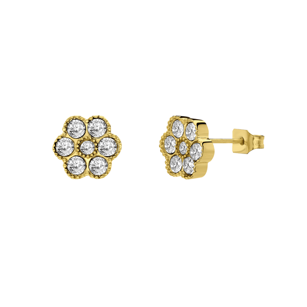 Stainless steel goldplated oorknoppen bloem met zirkonia voor dames