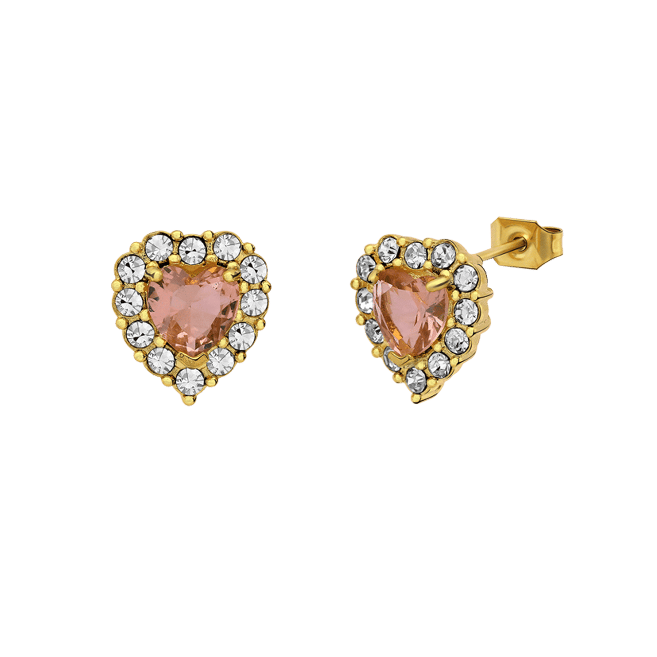 Stainless steel goldplated oorknop vintage hart light peach zirkonia