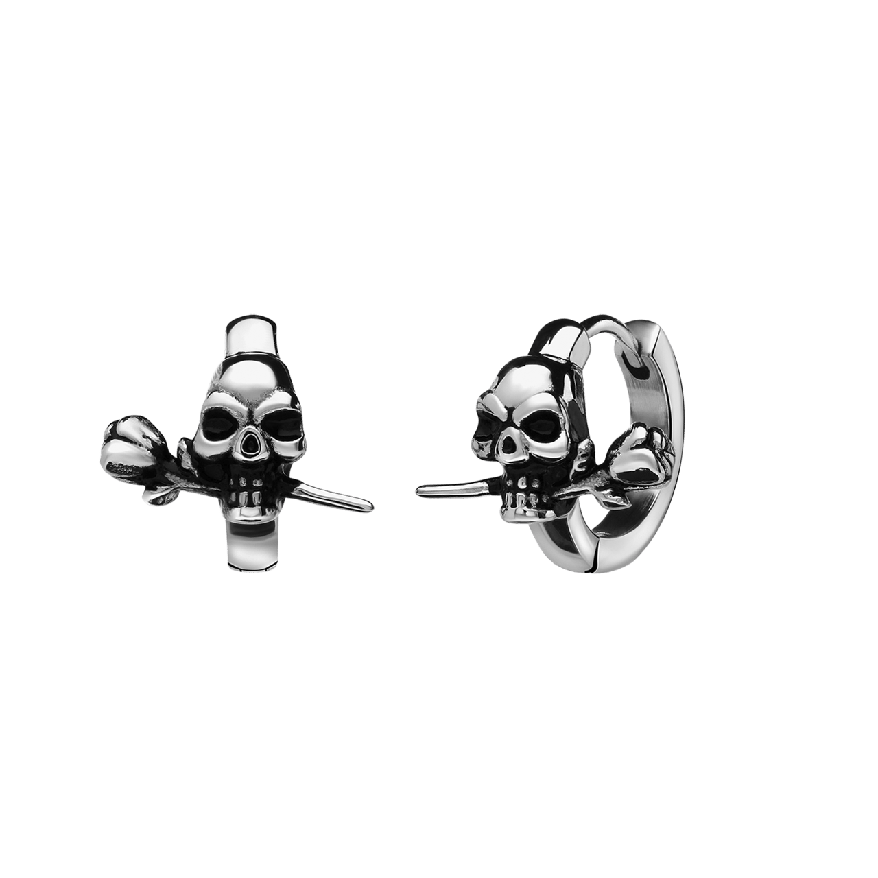 Stainless steel oorringen doodshoofd met roos