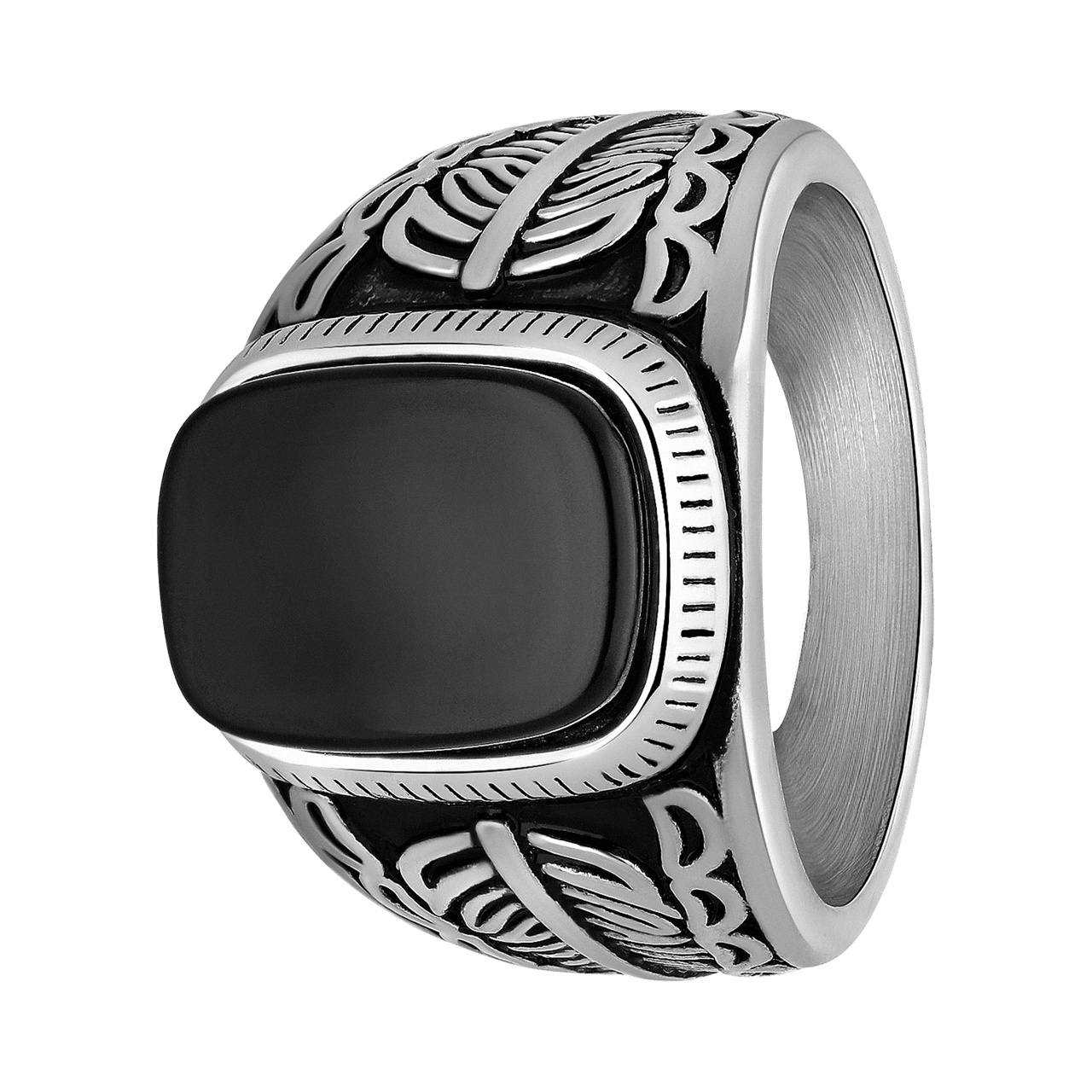 Stainless steel ring met rechthoekige zwarte steen