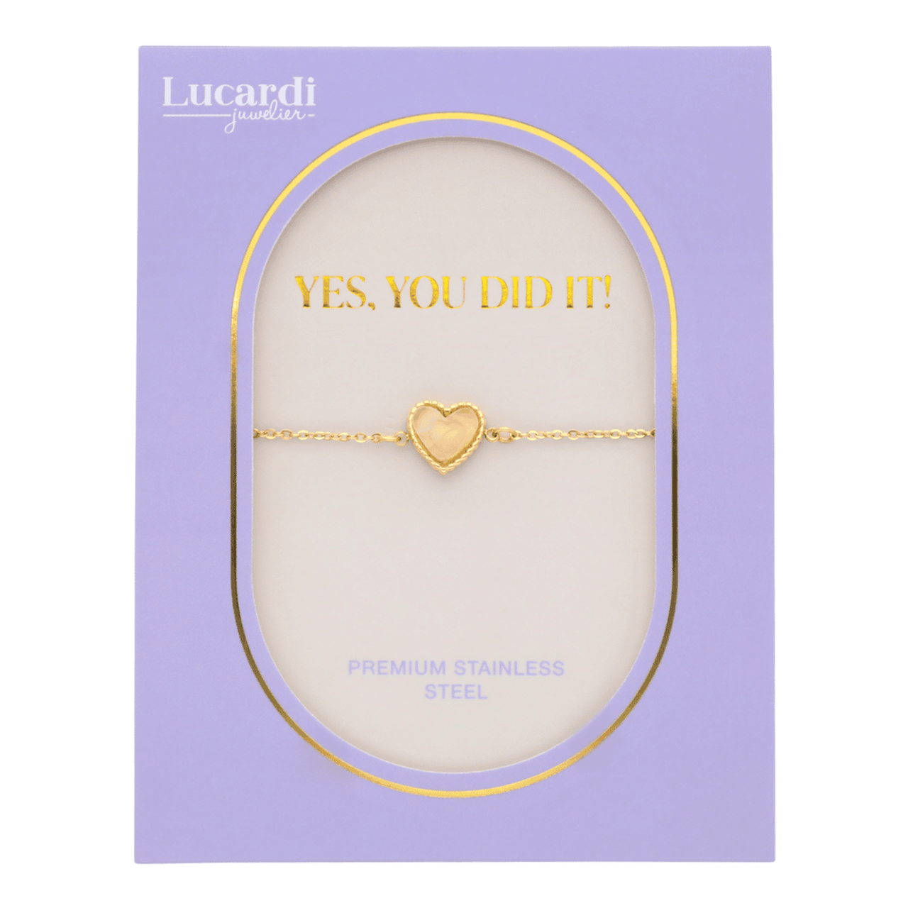Erfolgreiches Geschenk – Vergoldetes Armband aus Edelstahl mit Rosenquarz auf der Karte