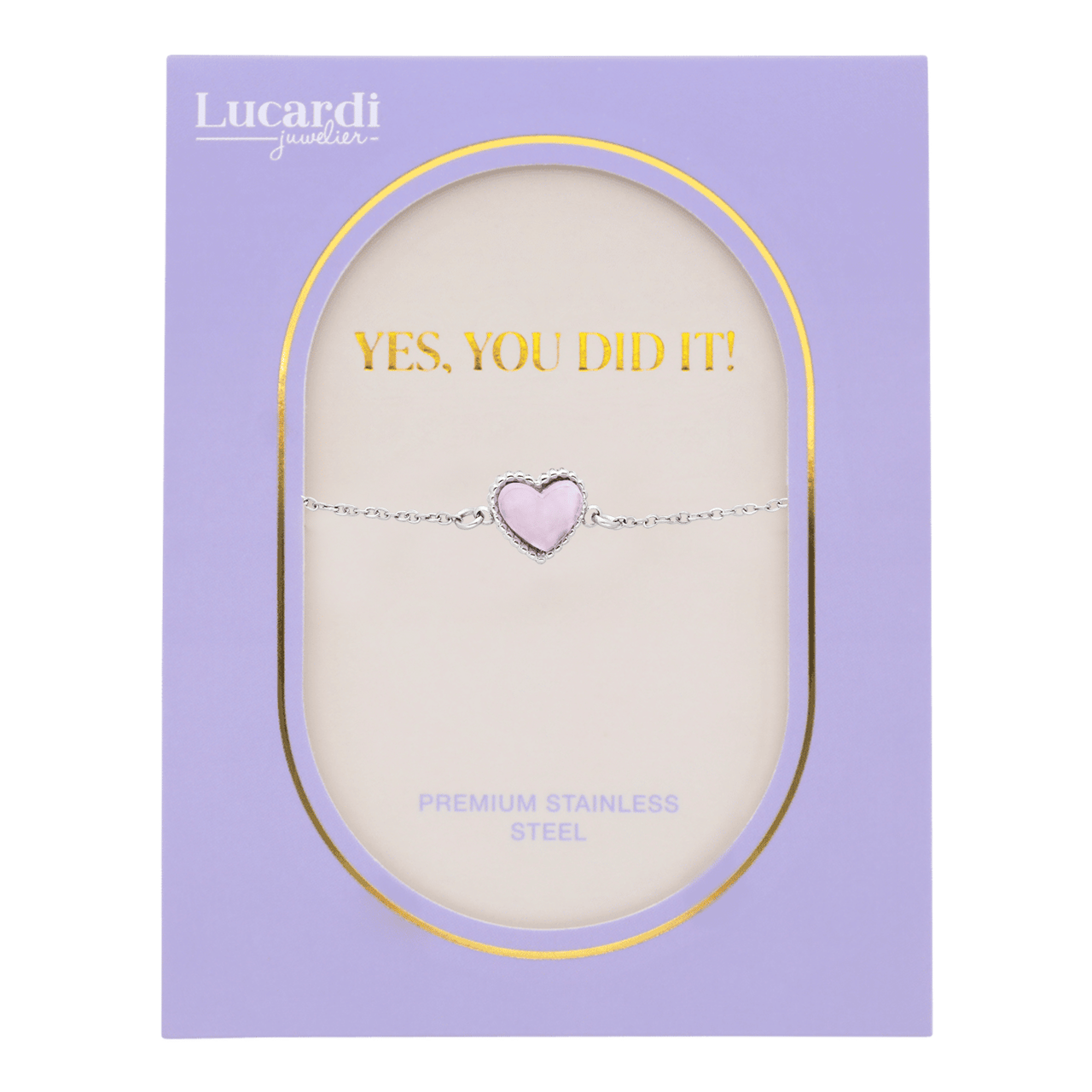 Geslaagd cadeau - Stainless steel armband met rozenkwarts op kaartje