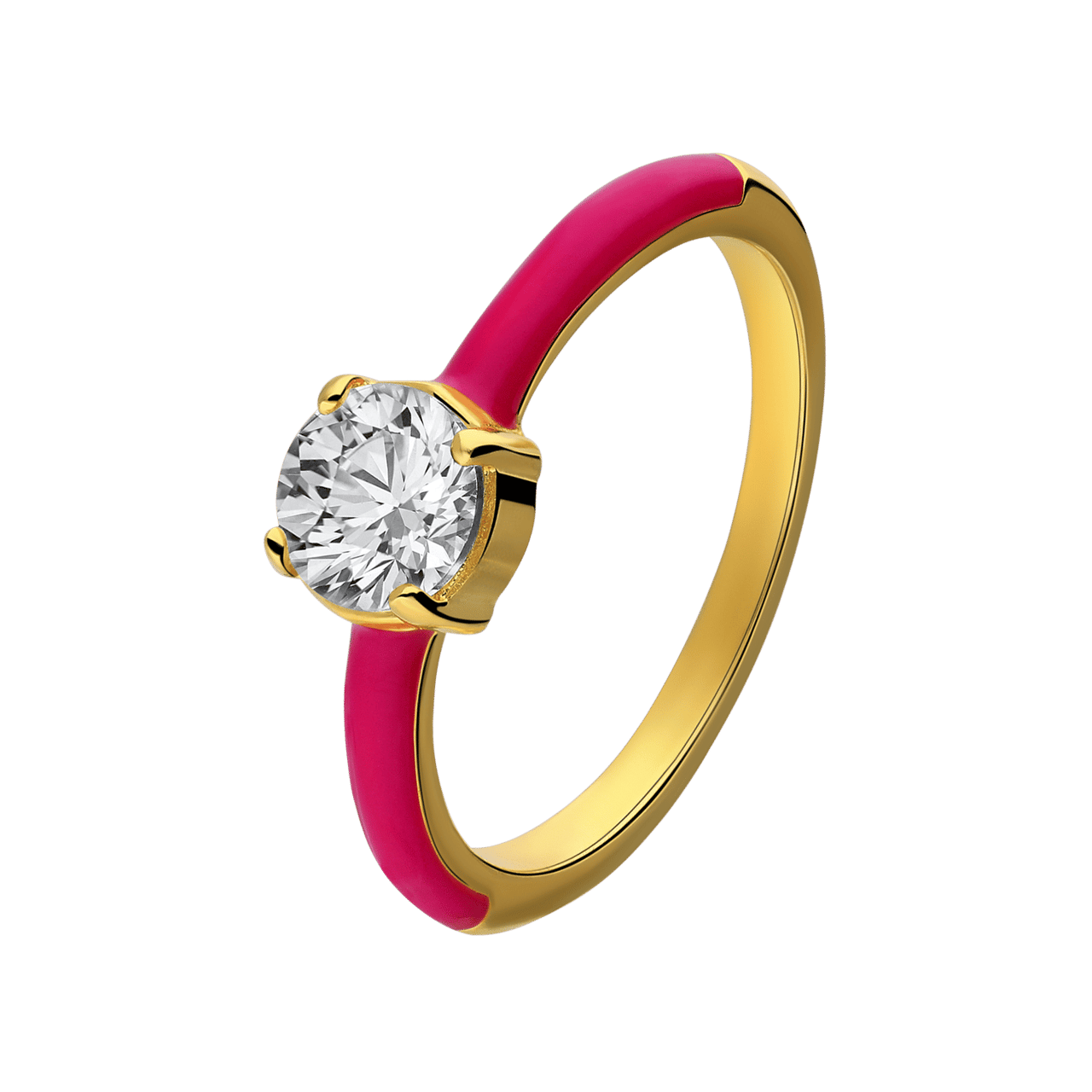 Stainless steel goldplated ring met fuchsia emaille&zirkonia