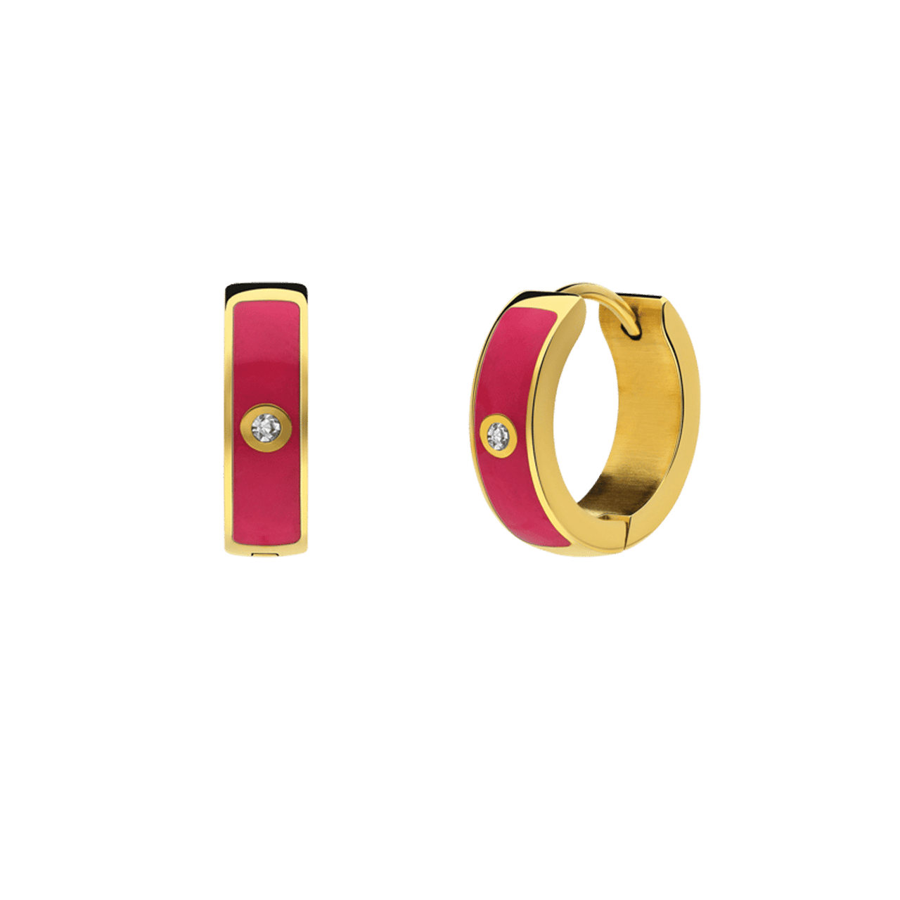 Stainless steel goldplated oorbellen fuchsia met zirkonia