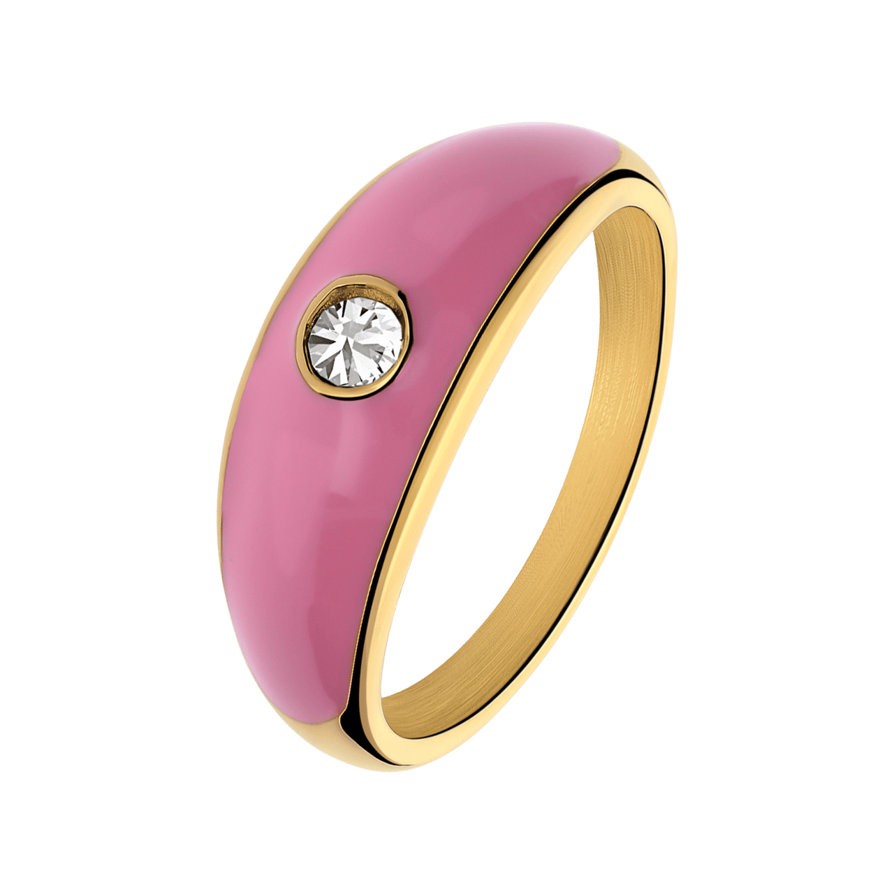 Stalen goldplated ring roze emaille met zirkonia