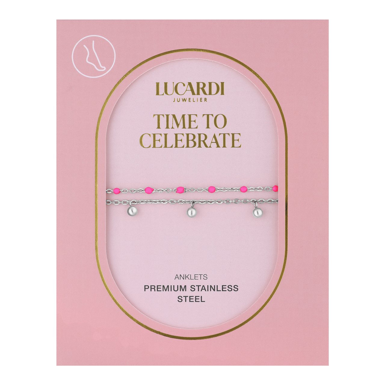 Dubbele stainless steel enkelband met bedeltjes fuchsia