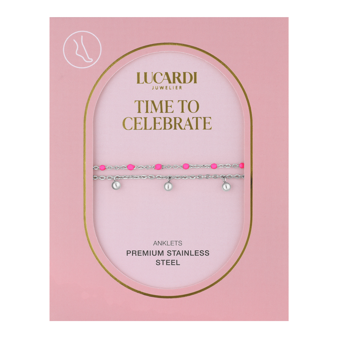 Dubbele stalen enkelband met bedeltjes fuchsia