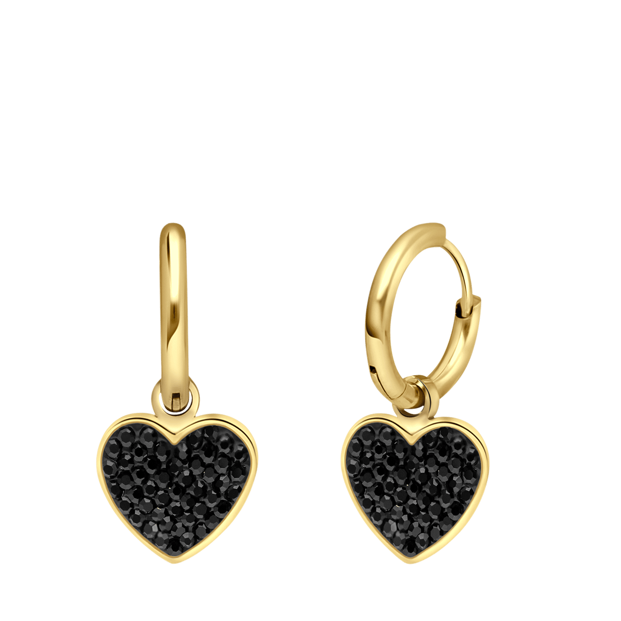 Stainless steel goldplated oorringen hart met kristal zwart