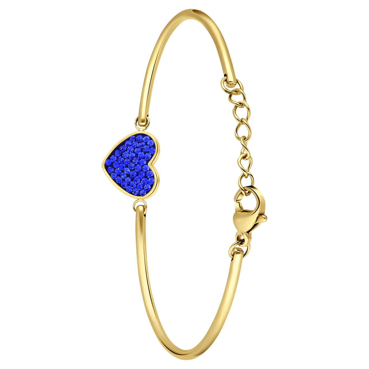 Stainless steel goldplated fantasiearmband met hanger hart met blauw kristal voor dames