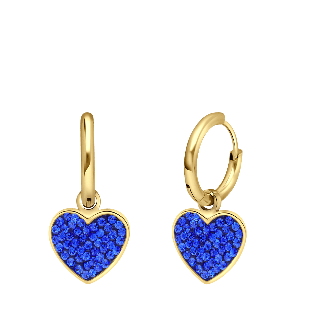 Stalen goldplated oorringen met hanger hart met blauw kristal voor dames