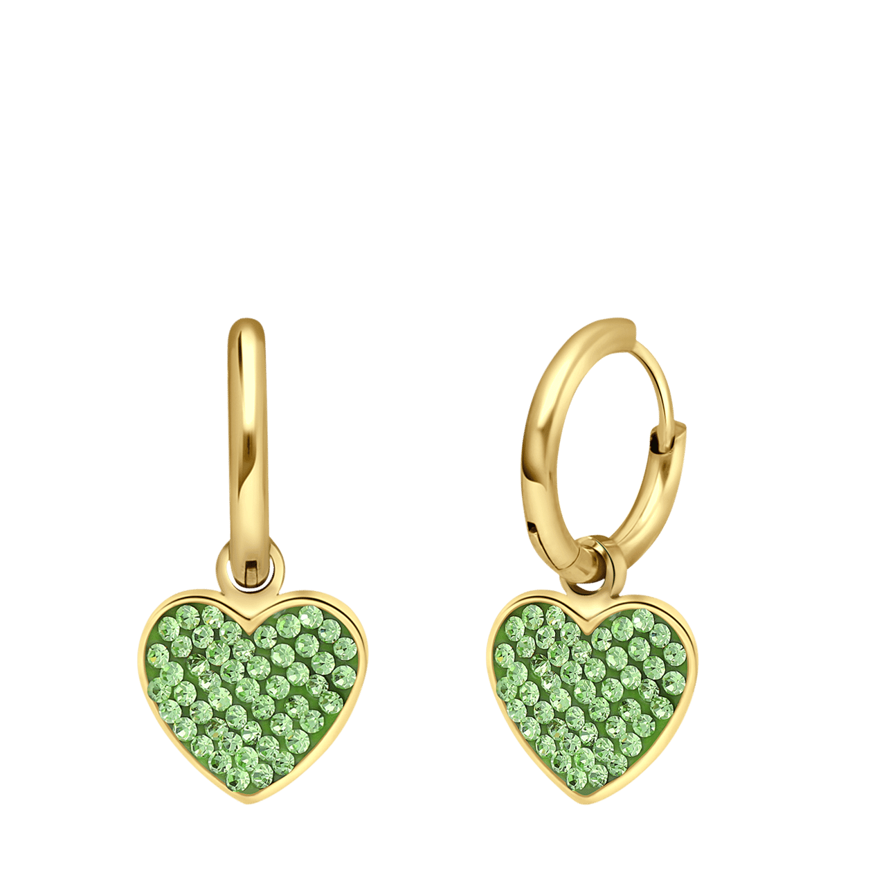 Ohrringe aus Edelstahl, vergoldet, Herz mit Kristall, Peridotgrün