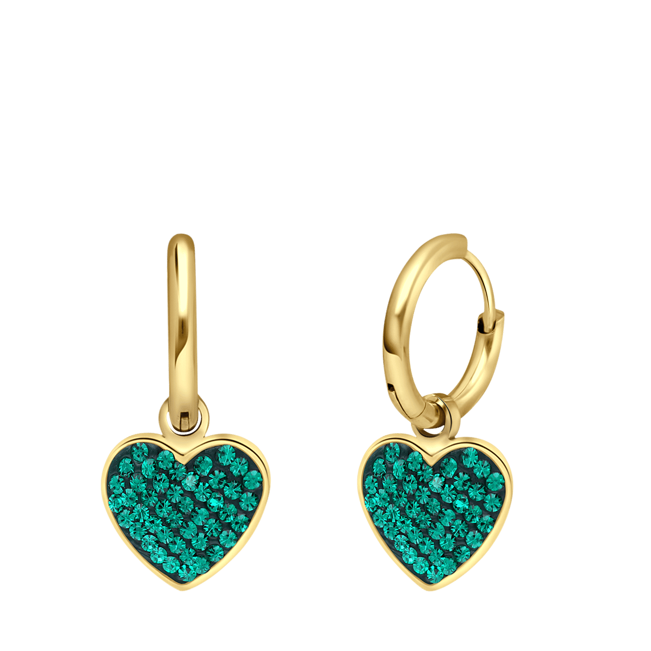 Stainless steel goldplated oorringen met hanger hart met groen kristal emerald voor dames