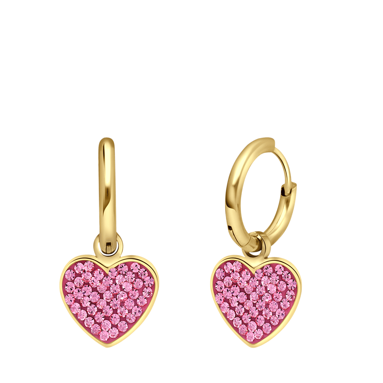 Stalen goldplated oorringen met hanger hart met kristal roze voor dames