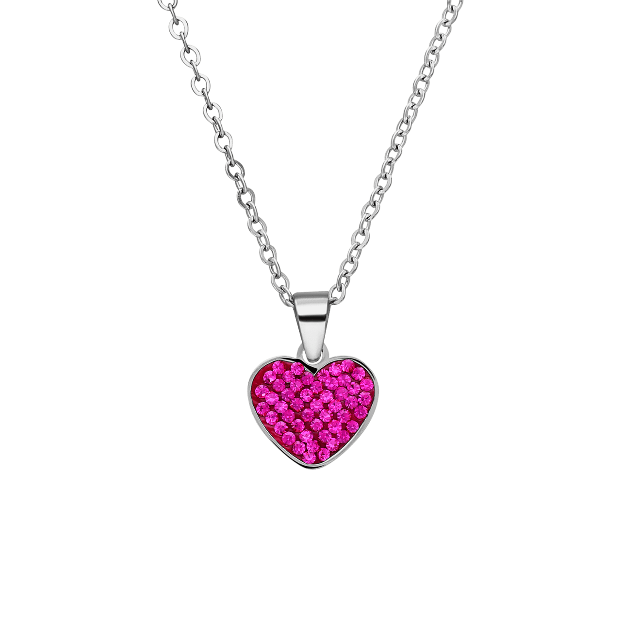 Halskette aus Edelstahl, Herz mit Kristall, Fuchsia
