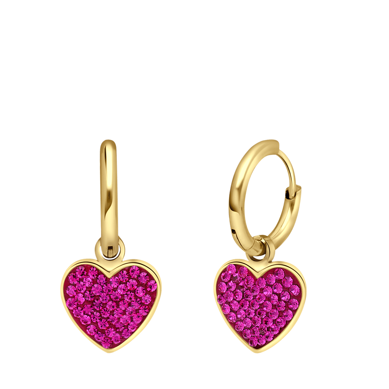 Stainless steel goldplated oorringen met hanger hart met fuchsia kristal voor dames