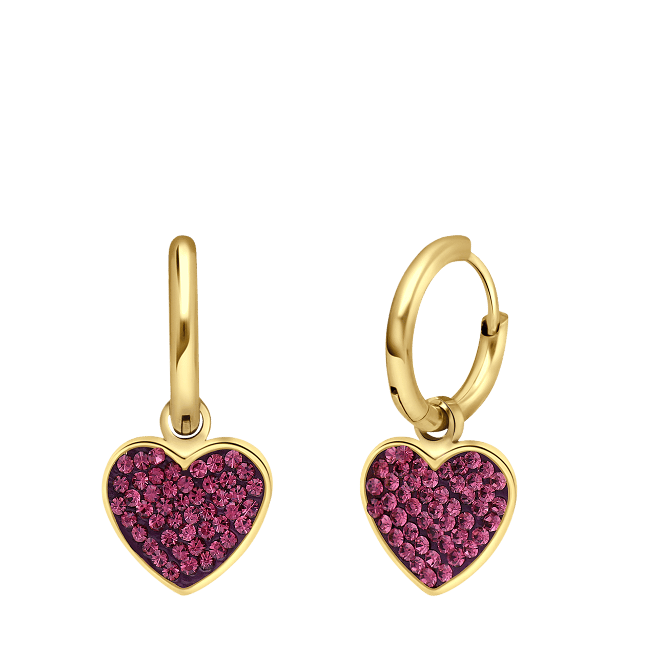 Stalen goldplated oorringen met hanger hart met paars kristal voor dames