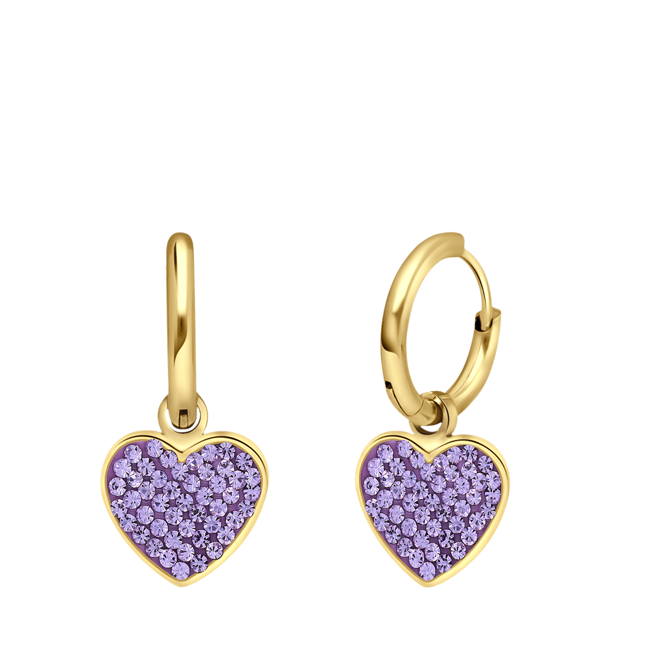 Stainless steel goldplated oorringen met hanger hart met kristal violet voor dames