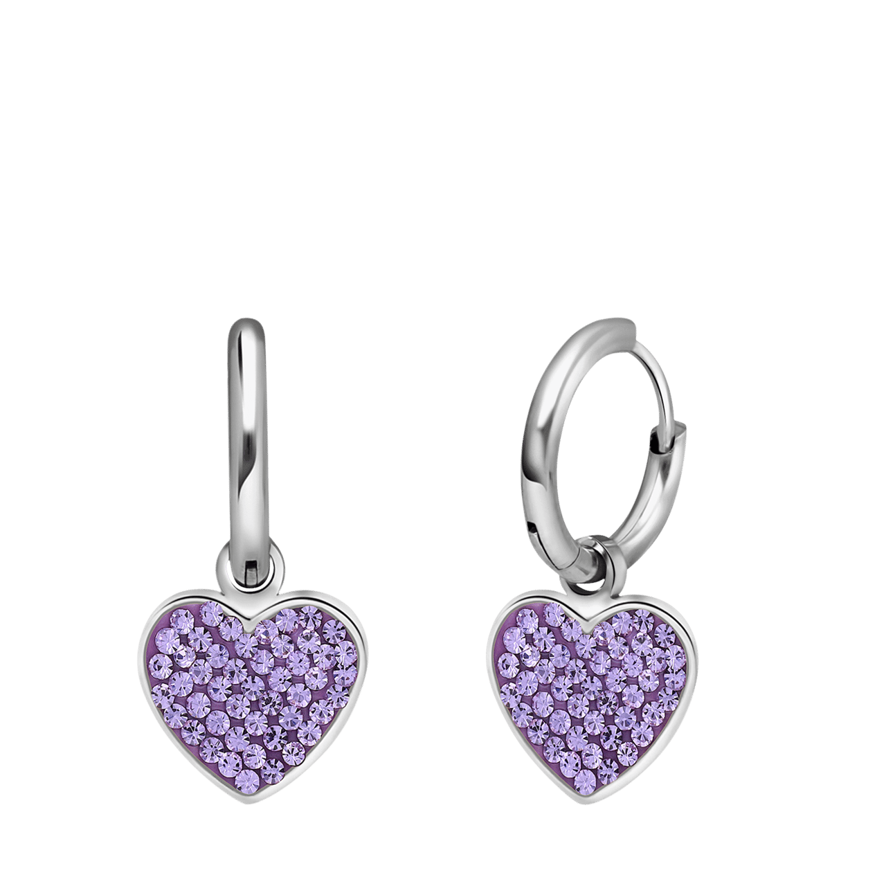 Ohrringe aus Edelstahl, Herz mit Kristall, Violett