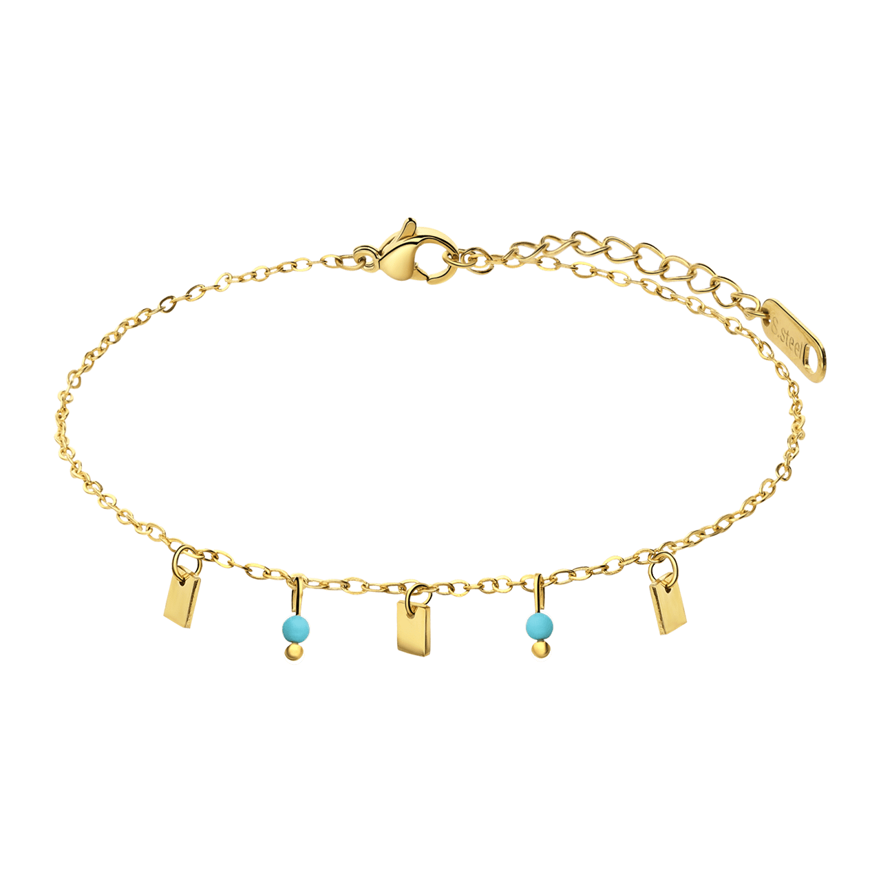 Stainless steel goldplated fantasiearmband met turquoise voor dames