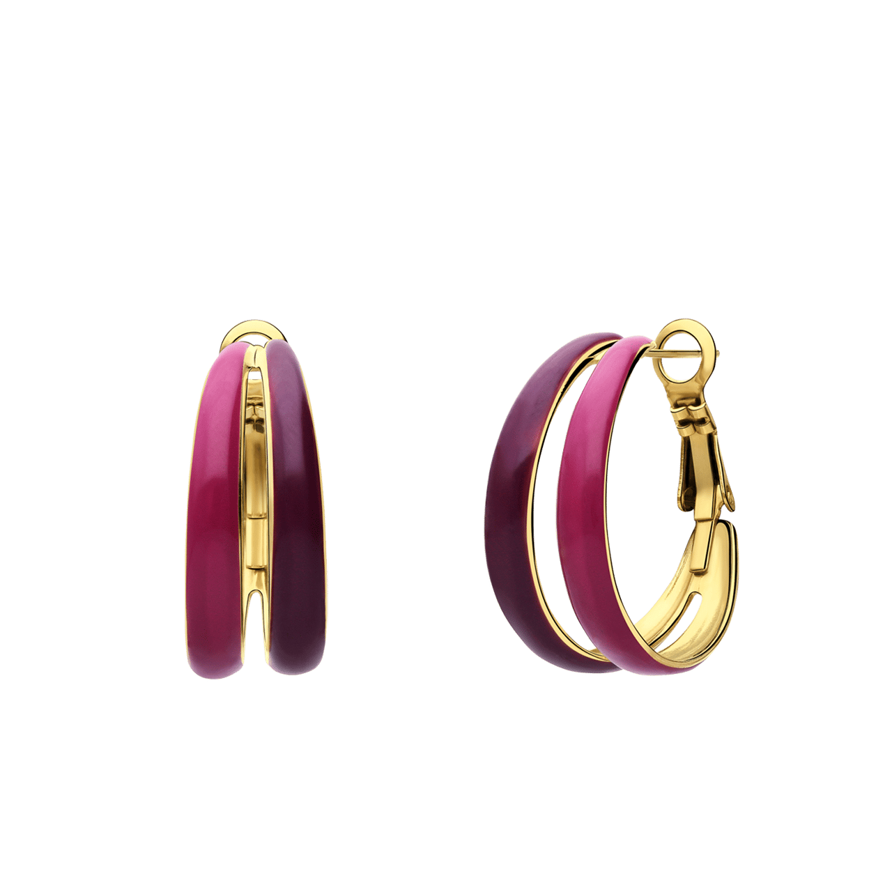 Stainless steel goldplated oorringen dubbel fuchsia aubergine voor dames