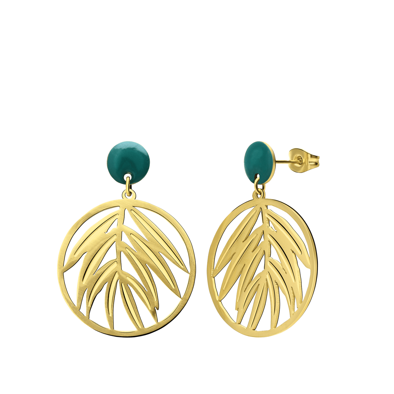 Stainless steel goldplated oorringen rond met blad groen voor dames
