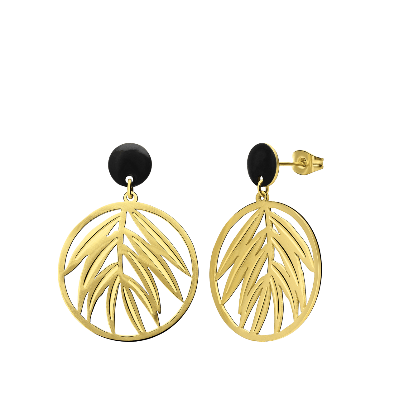 Stainless steel goldplated oorringen rond met blad zwart voor dames