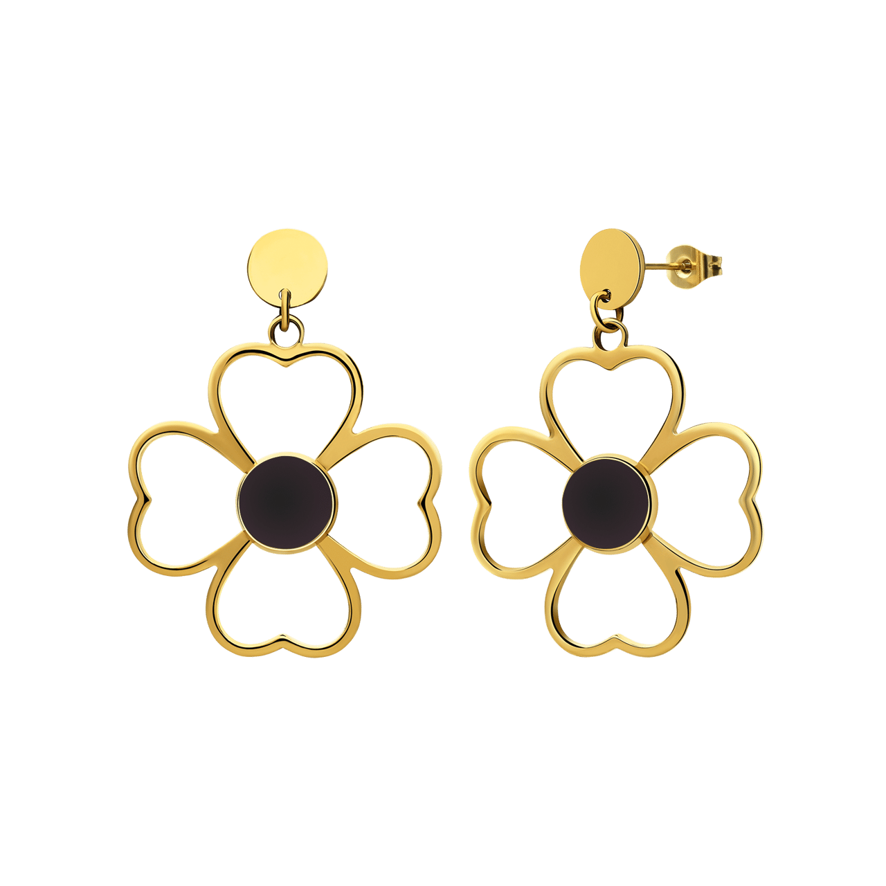 Stainless steel goldplated oorhangers bloem open bewerkt zwart voor dames
