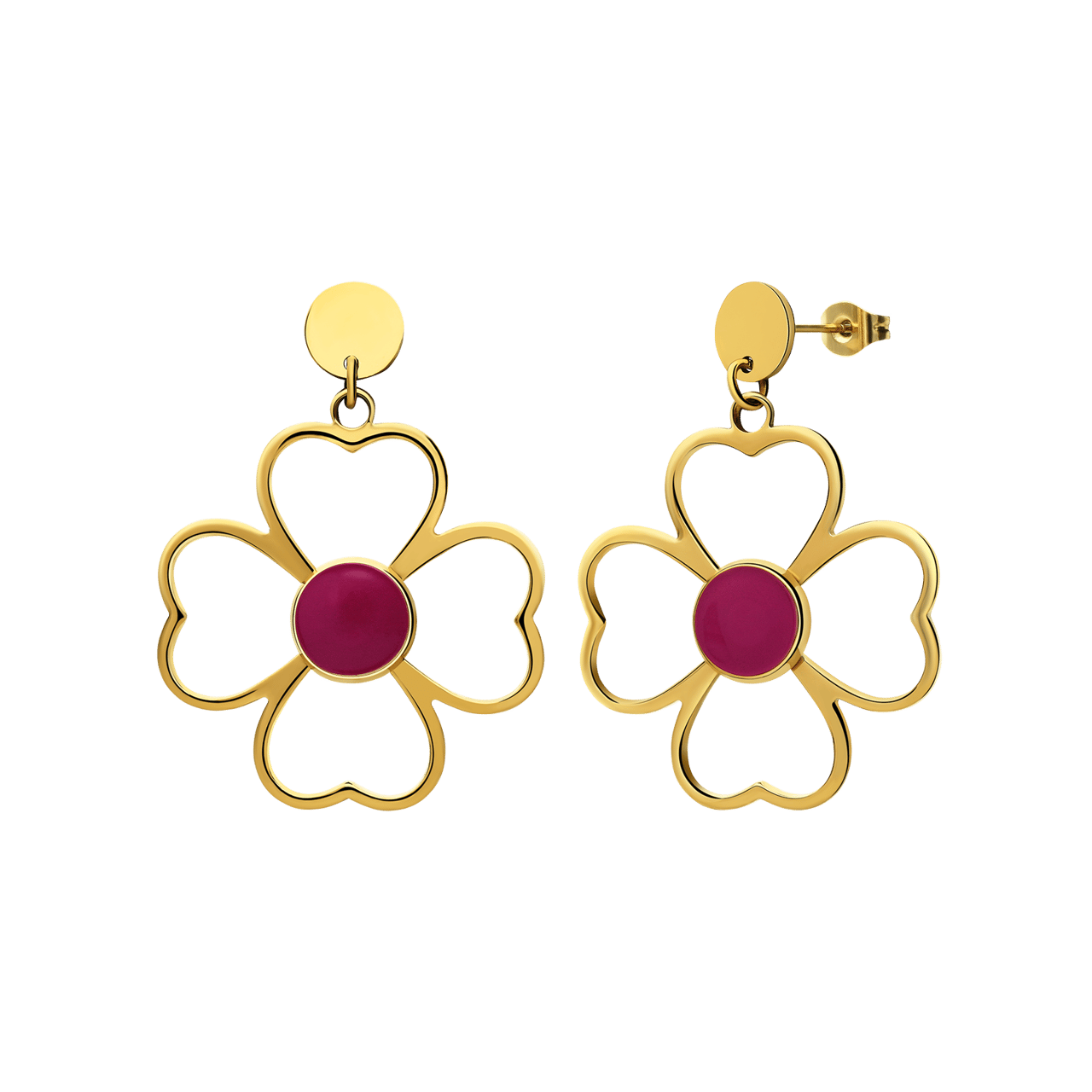 Stainless steel goldplated oorbellen bloem open bewerkt fuchsia voor dames