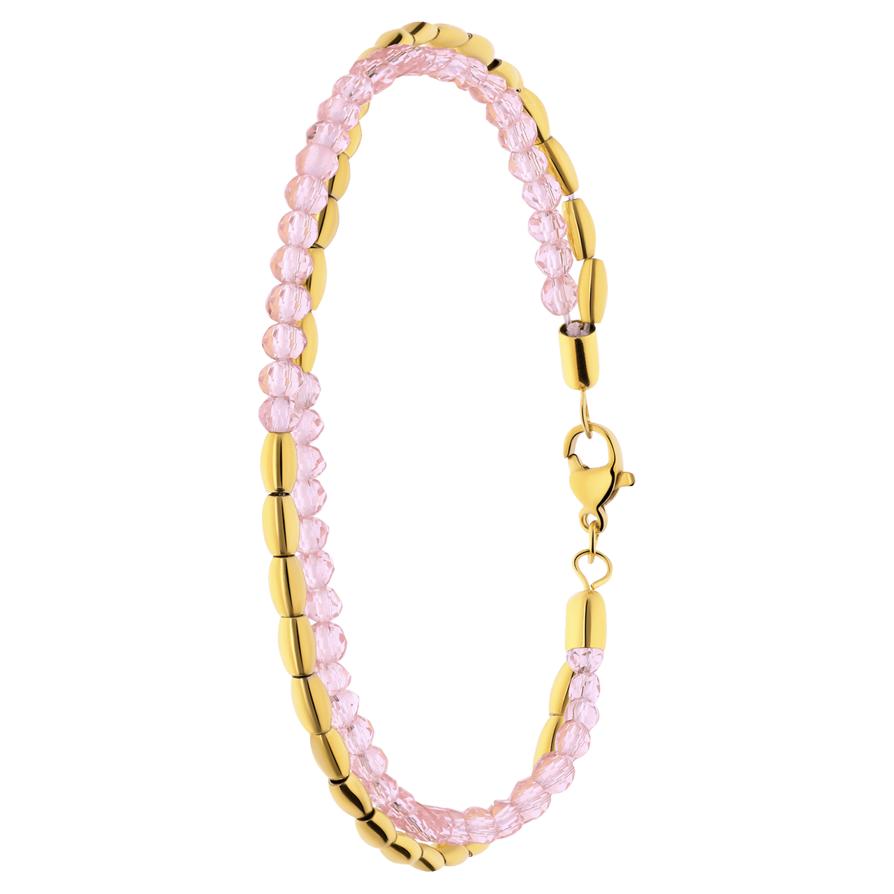 Stainless steel goldplated armband dubbel bol roze kraal