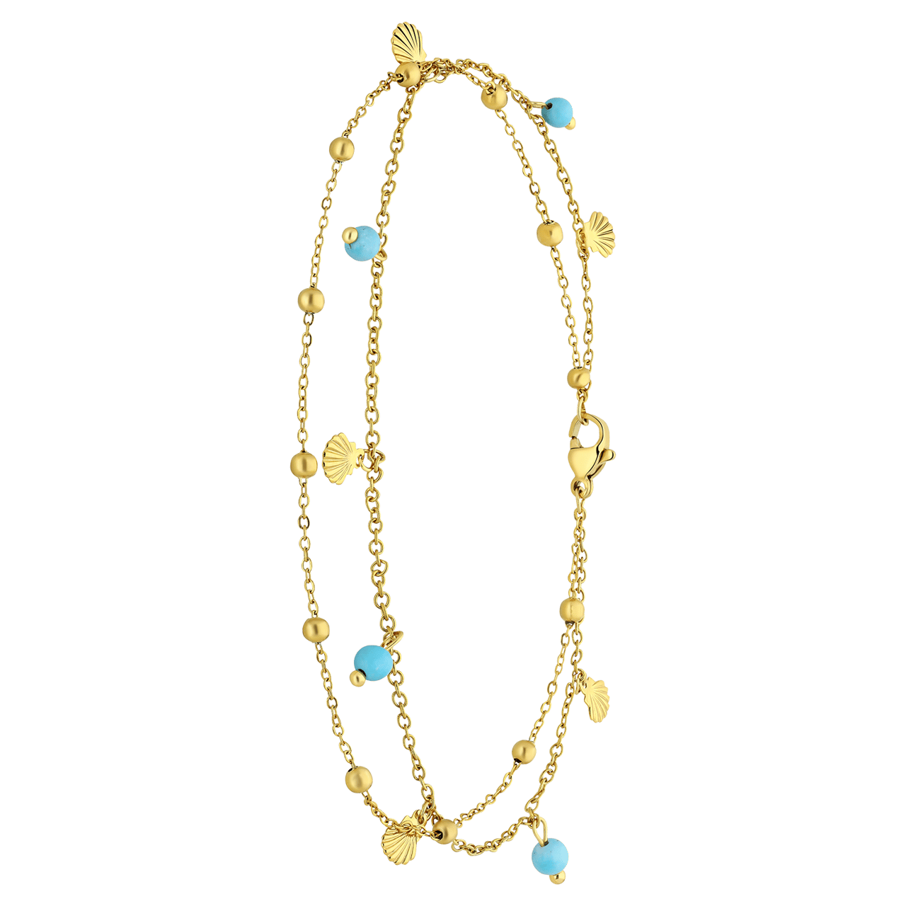 Stainless steel goldplated enkelband dubbel met schelpjes