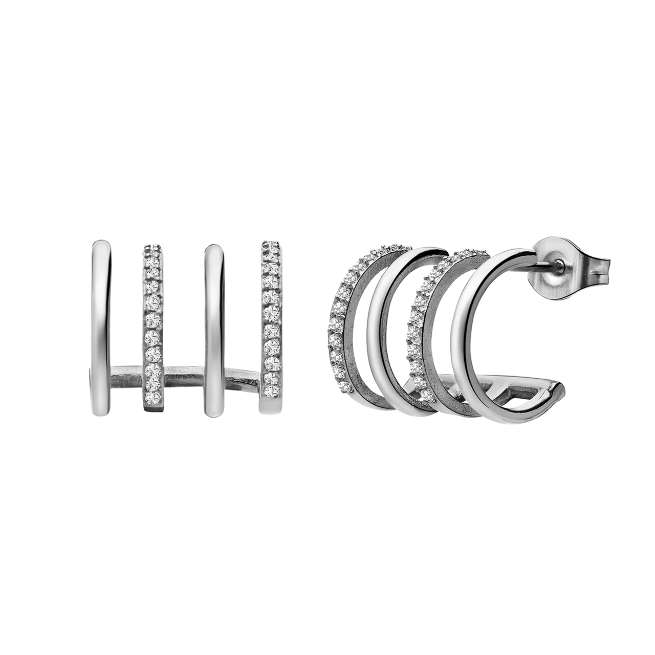 Ohrstecker aus Edelstahl, mehrreihig, mit 4 Ringen und Zirkonia