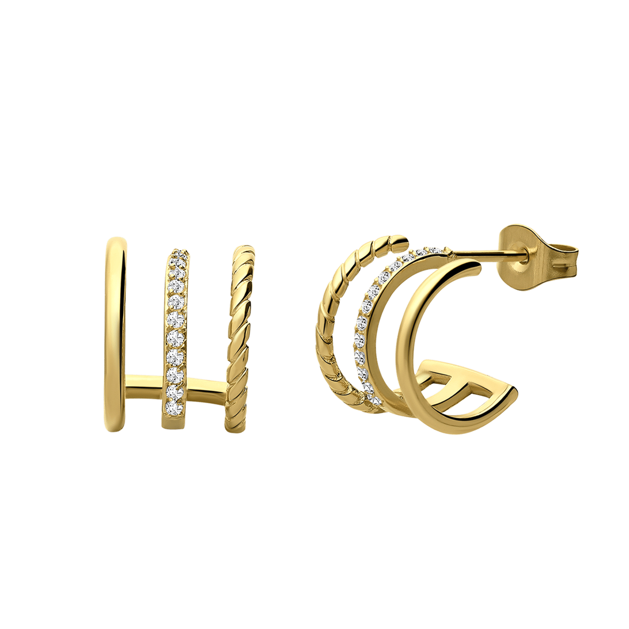 Stainless steel goldplated dubbele oorknoppen met zirkonia voor dames