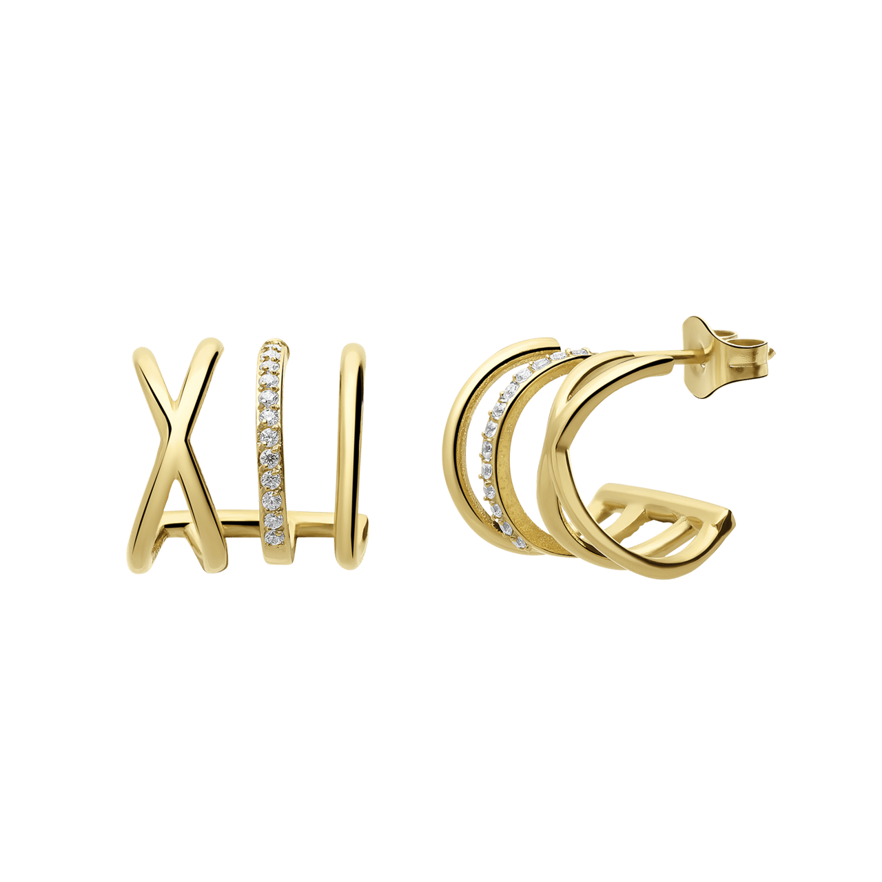 Stainless steel goldplated dubbele oorknoppen met zirkonia voor dames