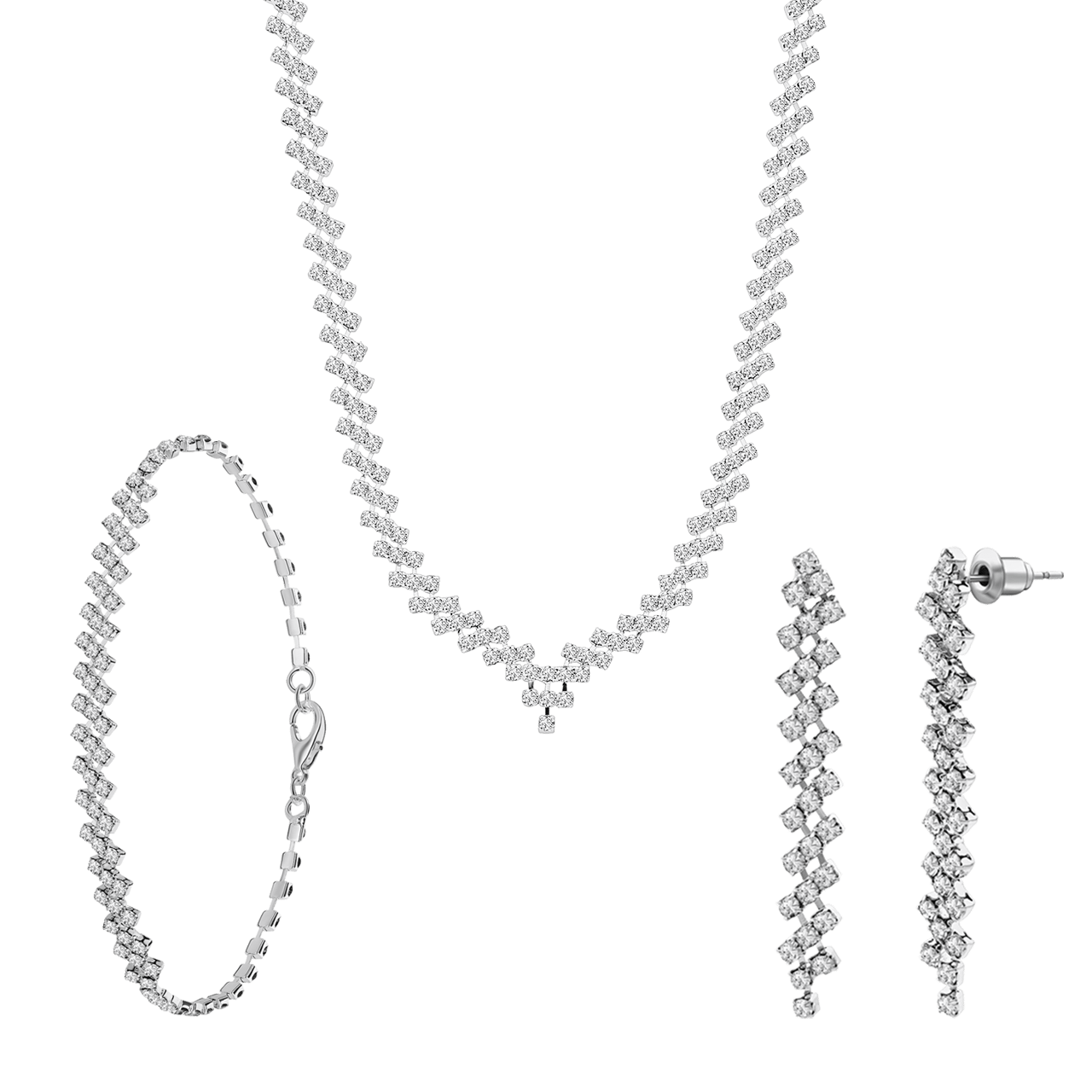 Zilverkleurige bijoux set met stras