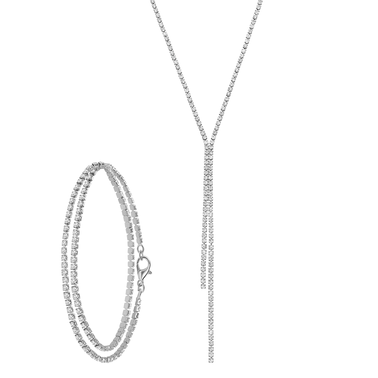 Zilverkleurige bijoux set met ketting en armband strass