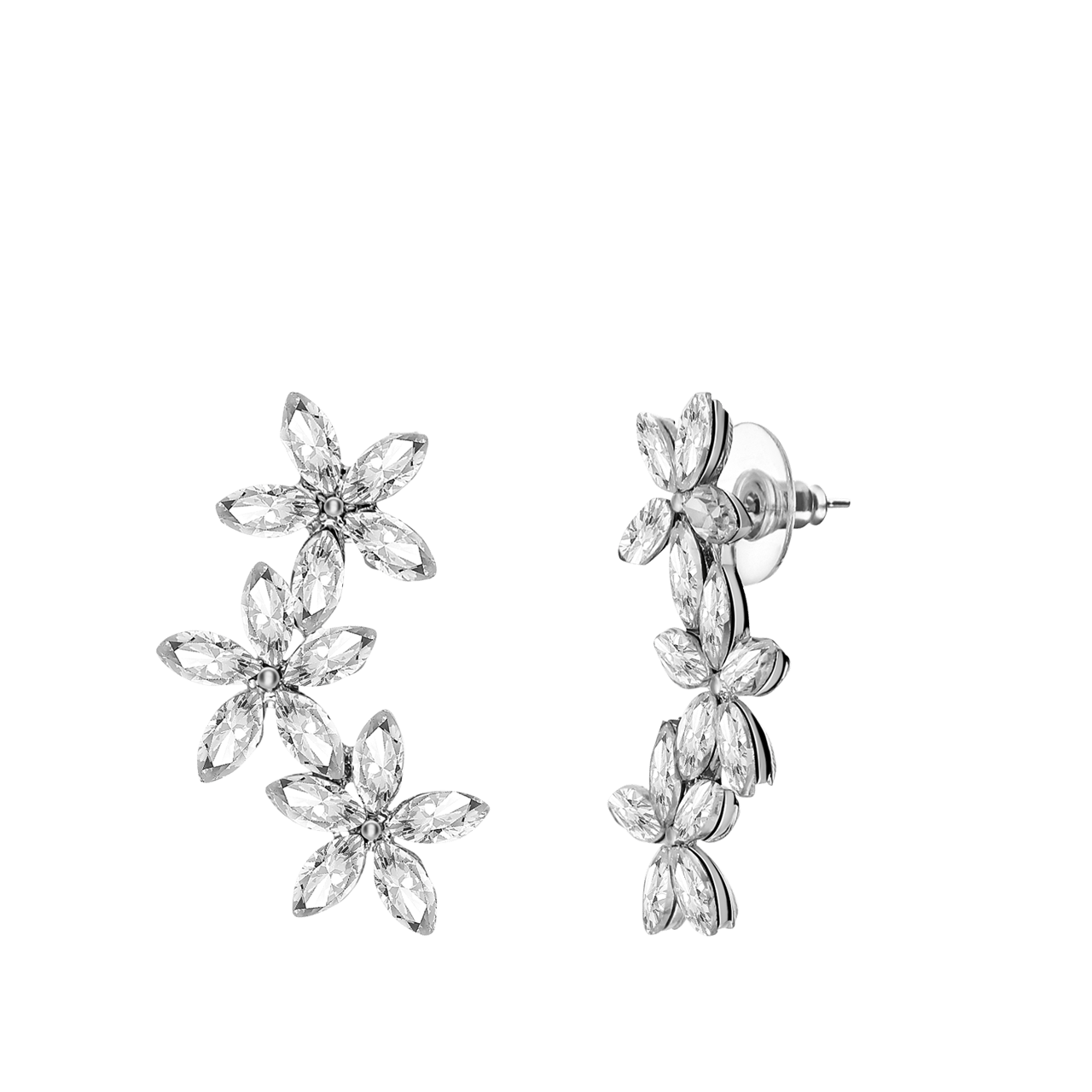 Zilverkleurige bijoux oorknop met 3 bloemen