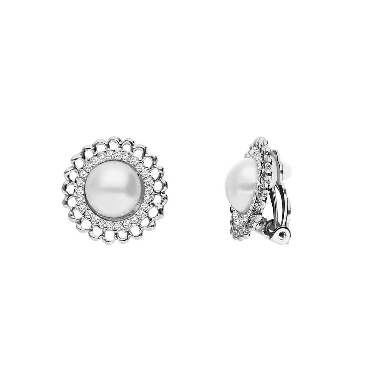 Zilverkleurige bijoux oorclips rond met stras en parel