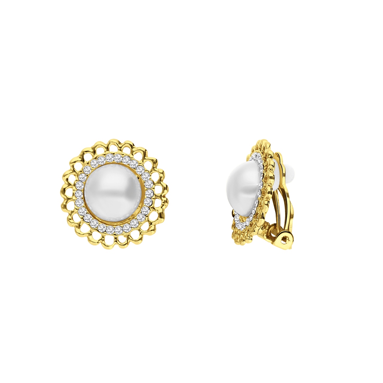 Goudkleurige bijoux oorclips rond met stras en parel