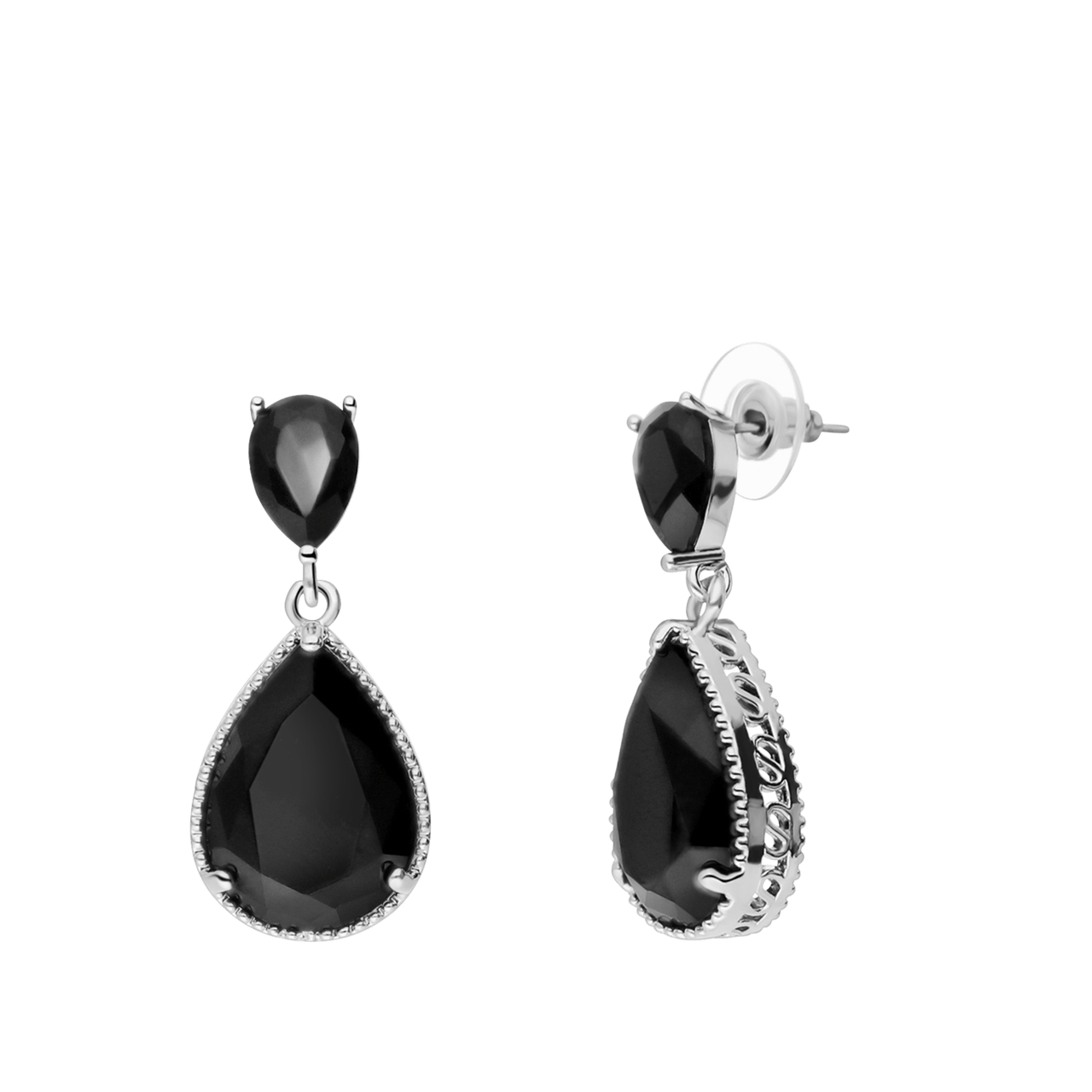 Zilverkleurige bijoux oorhangers druppel zwart