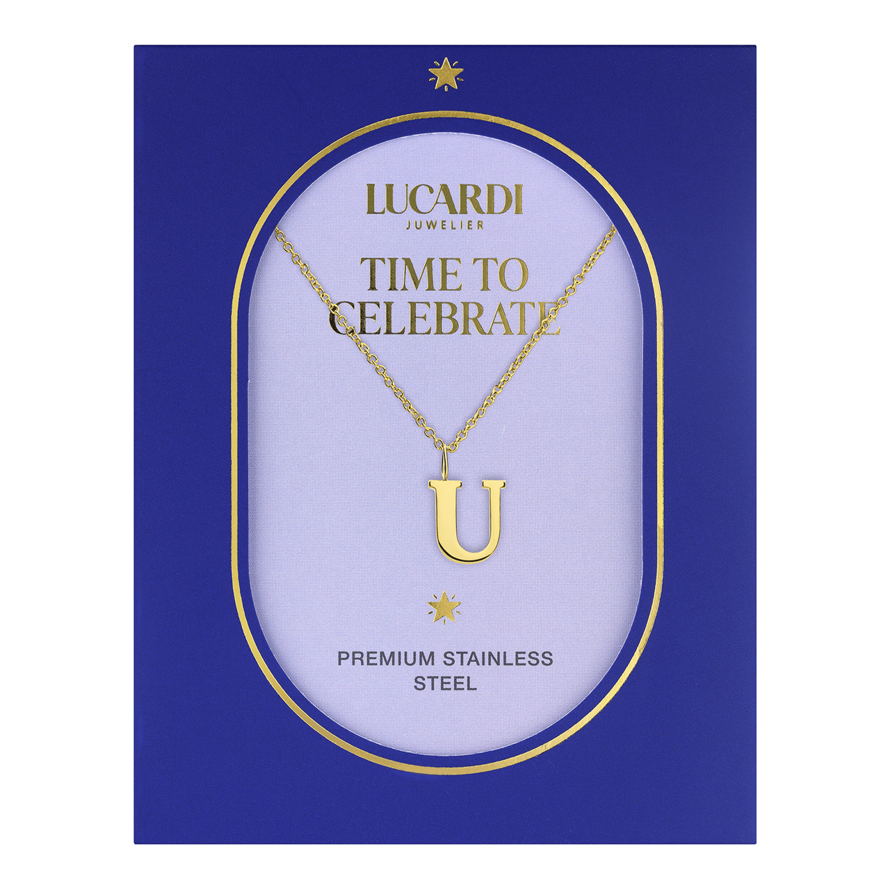 Stainless steel goldplated ketting met letterhanger U voor dames