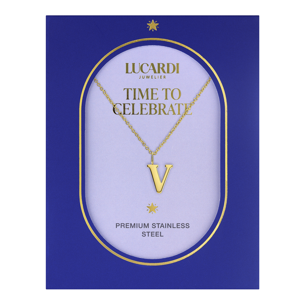 Stainless steel goldplated ketting met letterhanger V voor dames