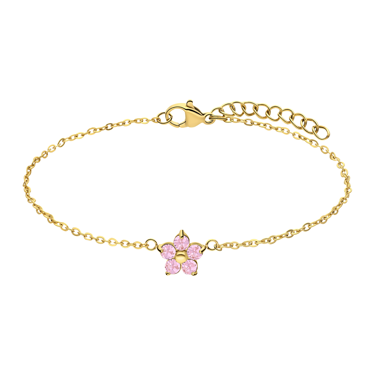 Armband aus Edelstahl, vergoldet, Blume mit Zirkonia, Hellrosa