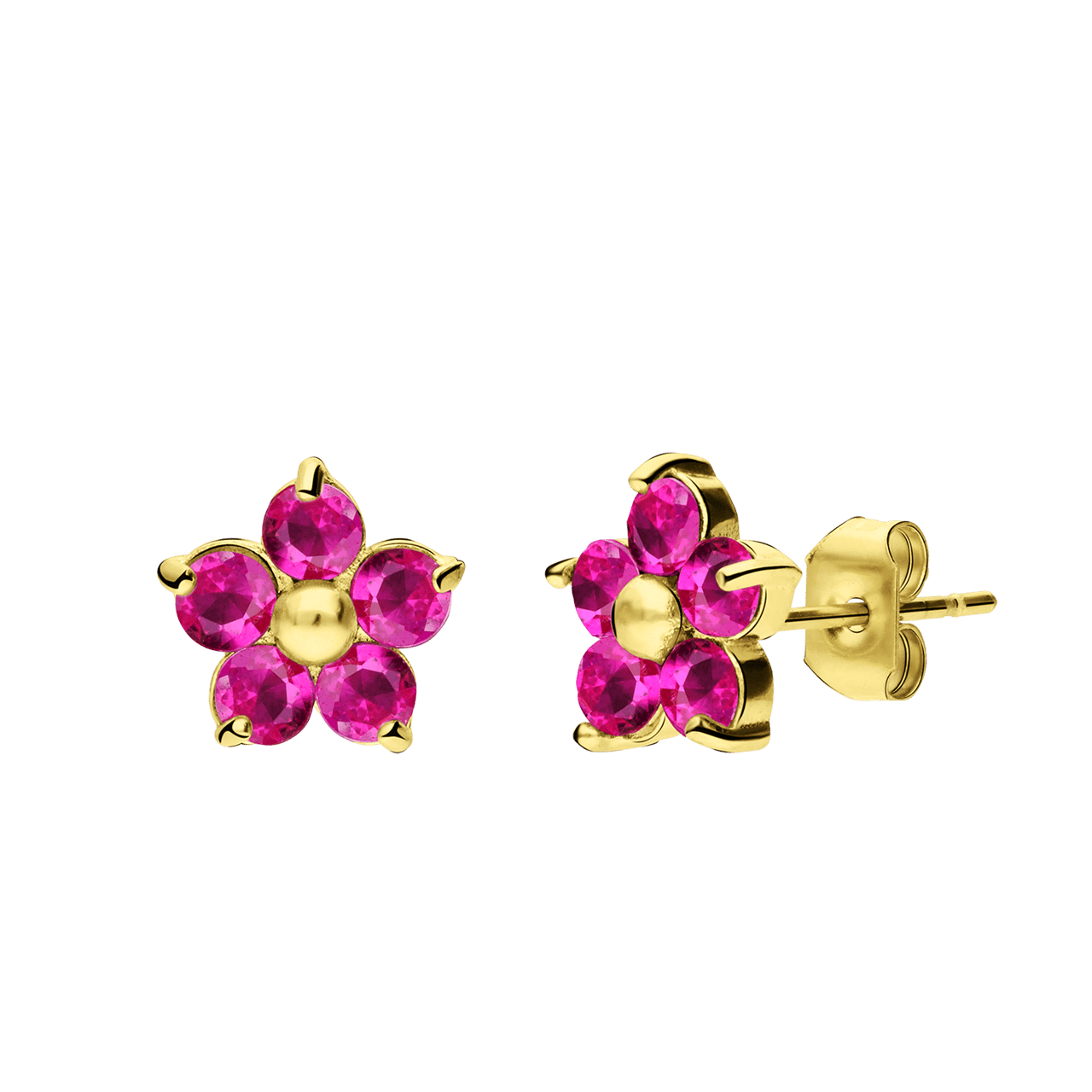 Stalen goldplated oorknoppen bloem met zirkonia donkerroze voor dames