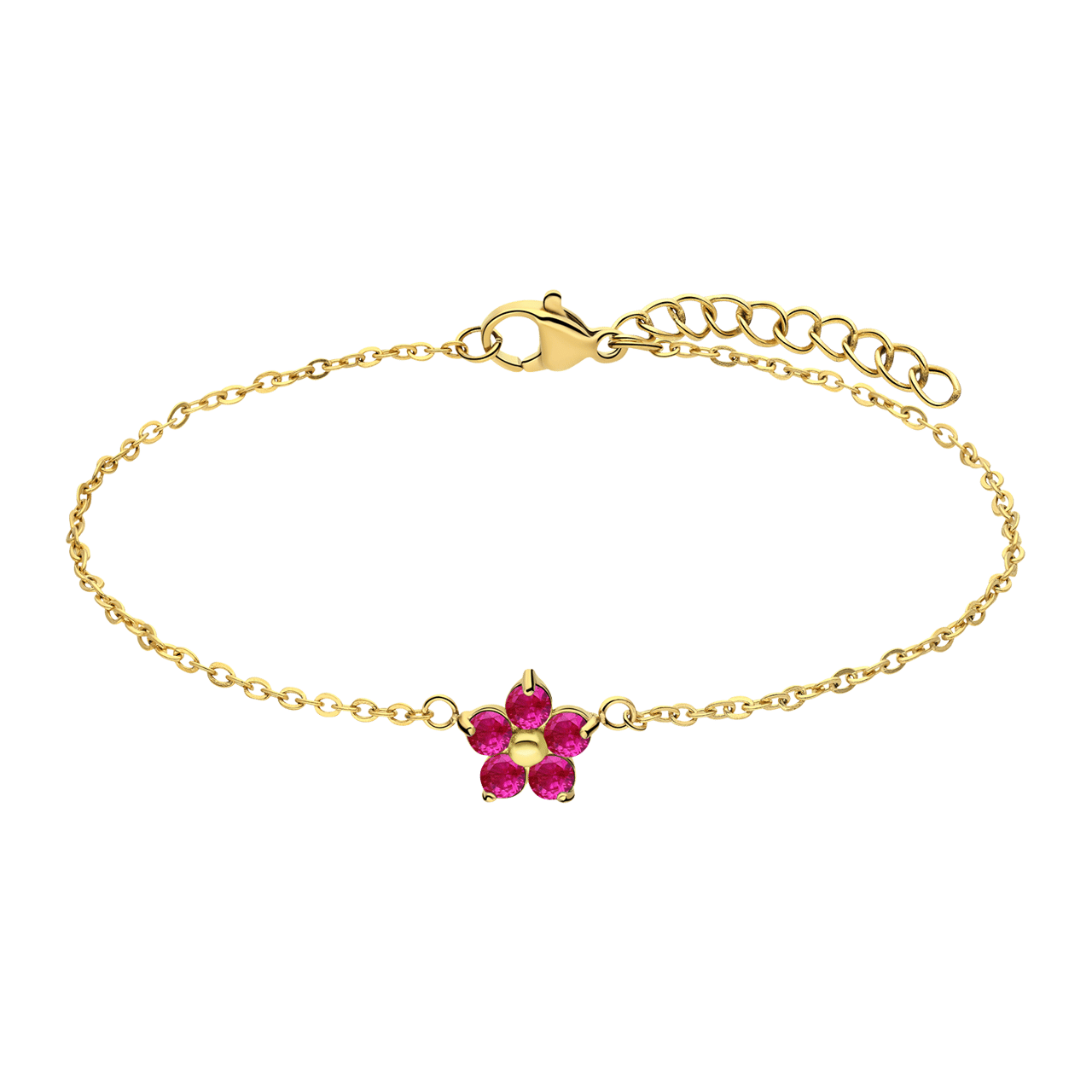 Stalen goldplated armband bloem zirkonia donkerroze