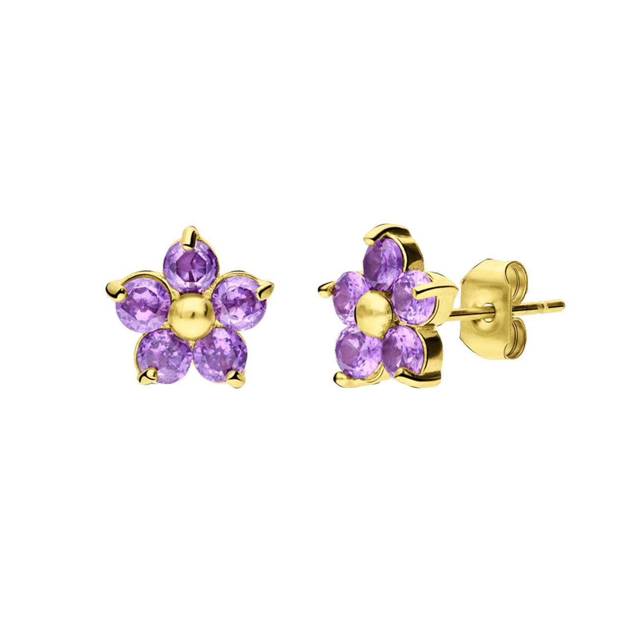 Stainless steel goldplated oorknoppen bloem met zirkonia paars voor dames