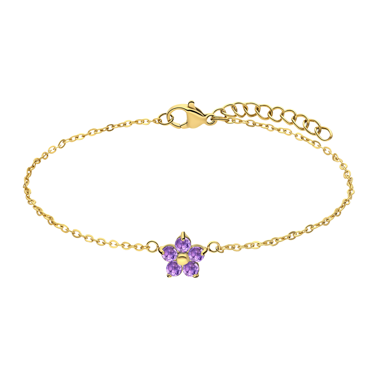 Stainless steel goldplated armband bloem met zirkonia paars