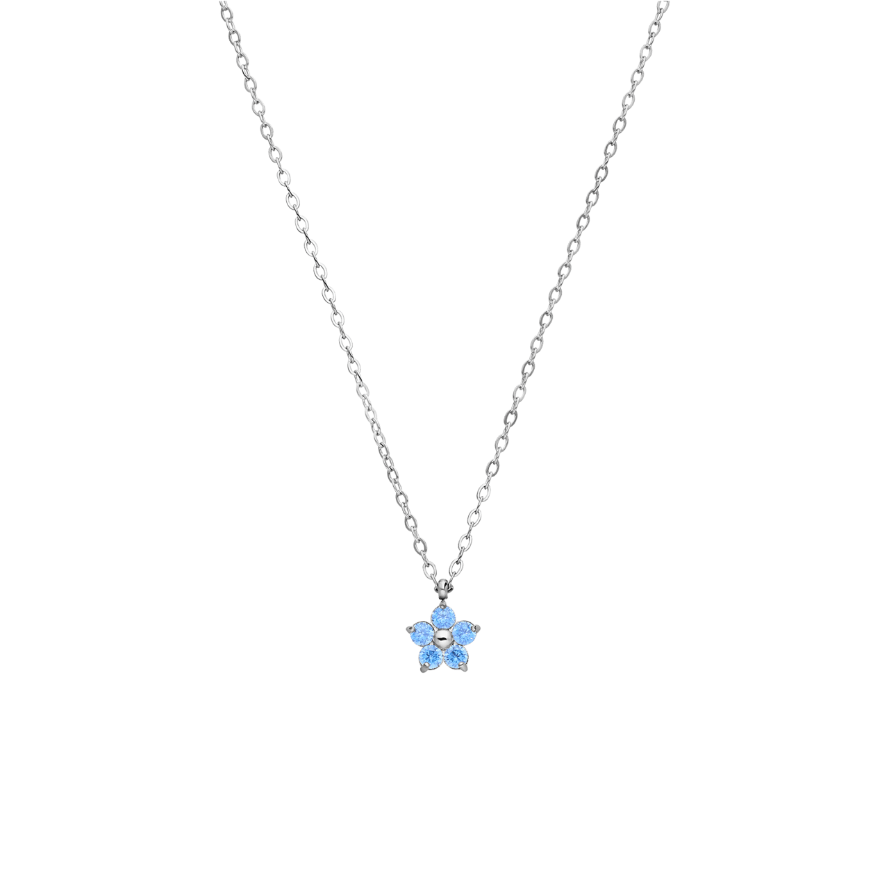Stalen ketting bloem met zirkonia aqua voor dames