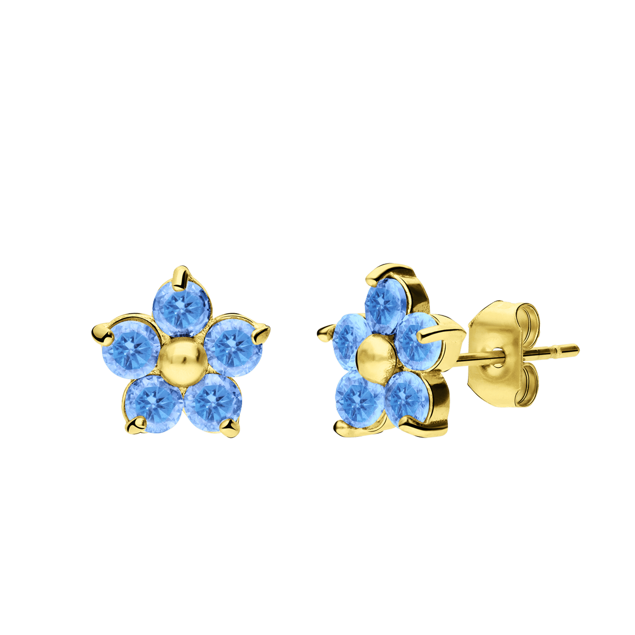 Stainless steel goldplated oorknoppen bloem met zirkonia aqua voor dames