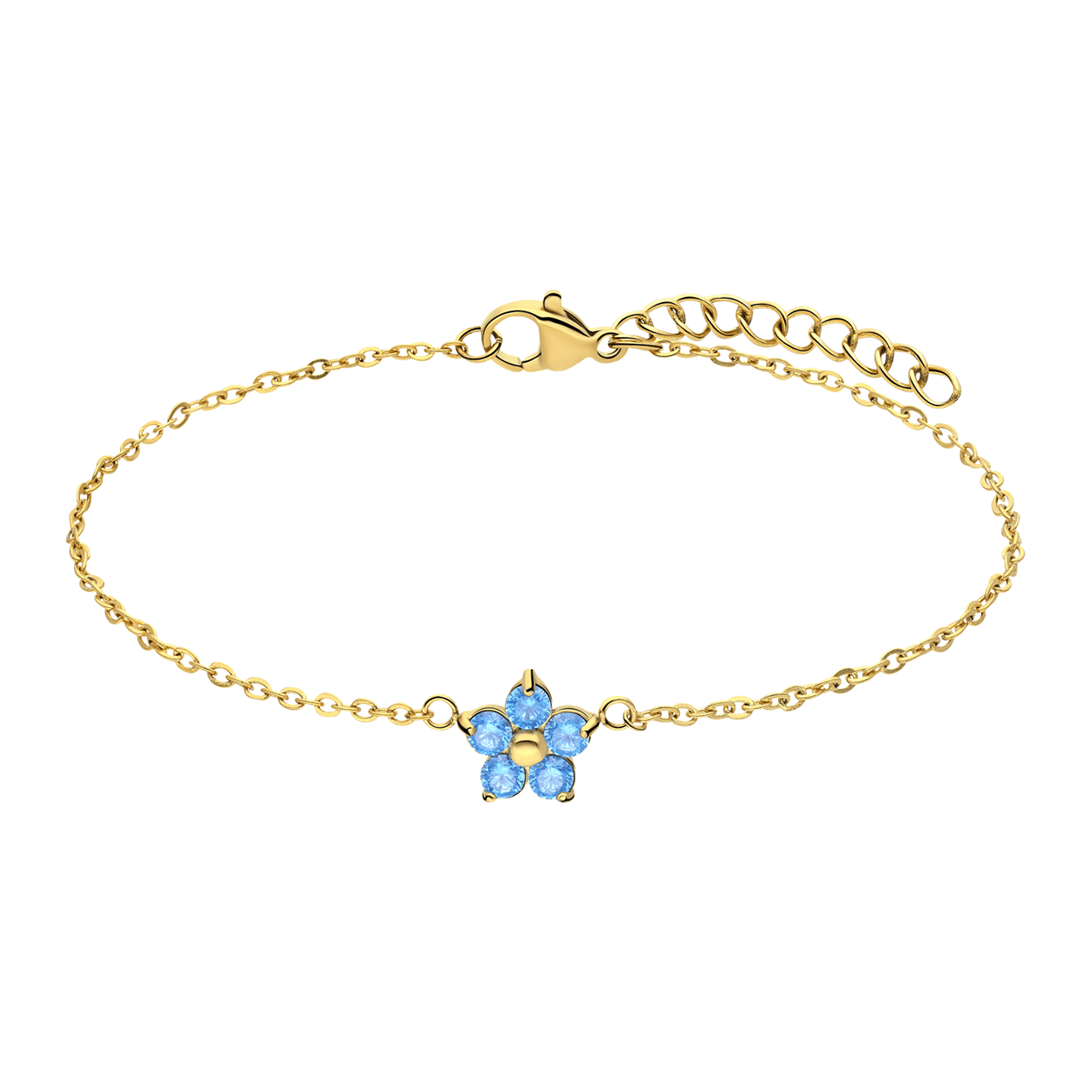 Stainless steel goldplated armband bloem met zirkonia aqua